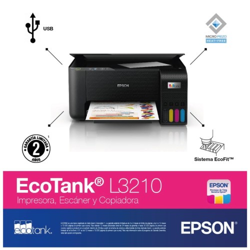 Impresora Multifuncional Epson EcoTank L3210, Imprime, Escanea, Copia, USB